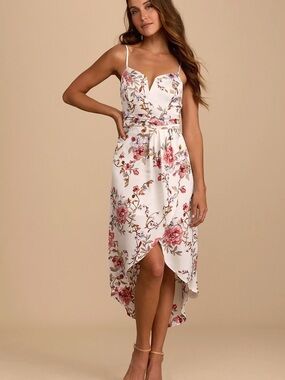 Lulus Ivory Floral Midi Dress Sweetheart Tulip Faux Wrap Medium